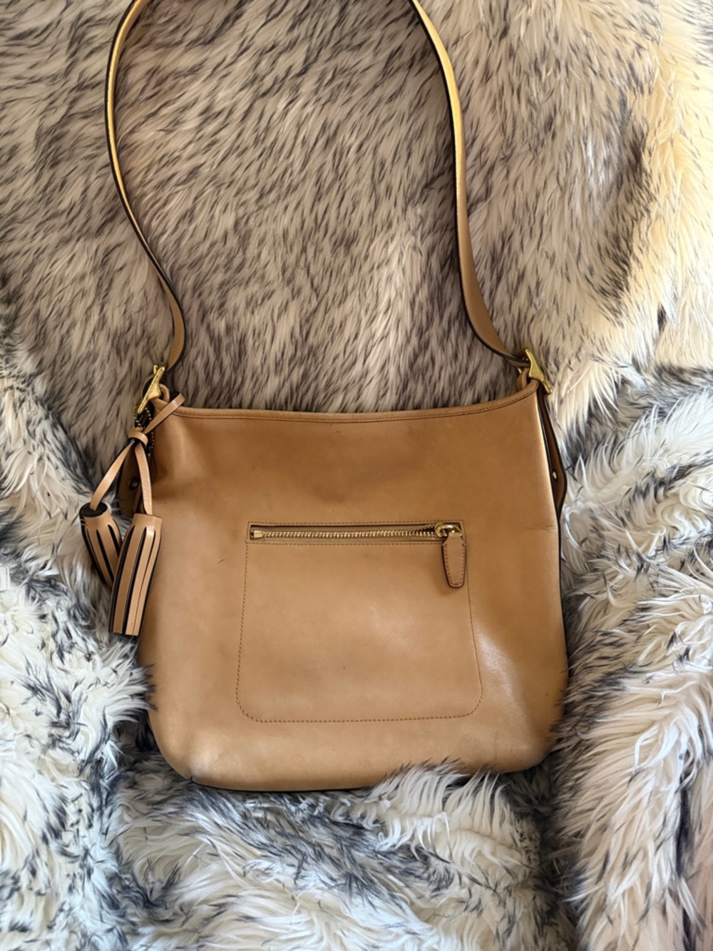 Coach Caramel Leather Shoulder Bag with Tassel Charm